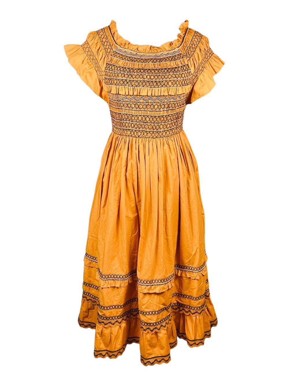 Ulla Johnson Sonja Marigold Smocked Cotton Midi Dress Pockets XS 0